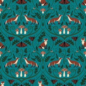 Medium // Woodland Fox and Mushroom Damask // Turquoise Background