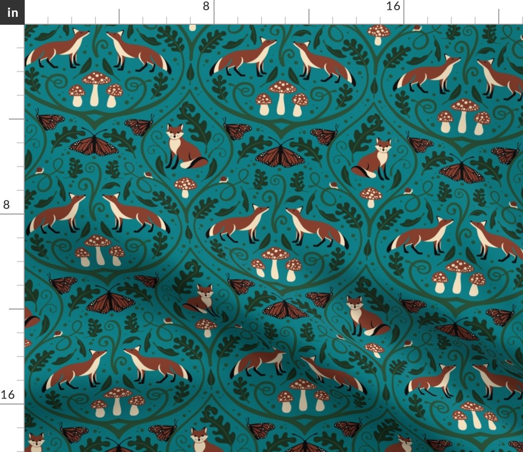 Medium // Woodland Fox and Mushroom Damask // Turquoise Background
