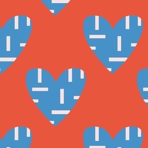 Small -Valentines! Cool, modern hearts for kids bedroom, clothing and wallpaper, blue white, red