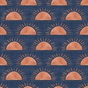 Celestial Boho Suns - Ditsy -  Denim Blue and Terracotta Linen Texture