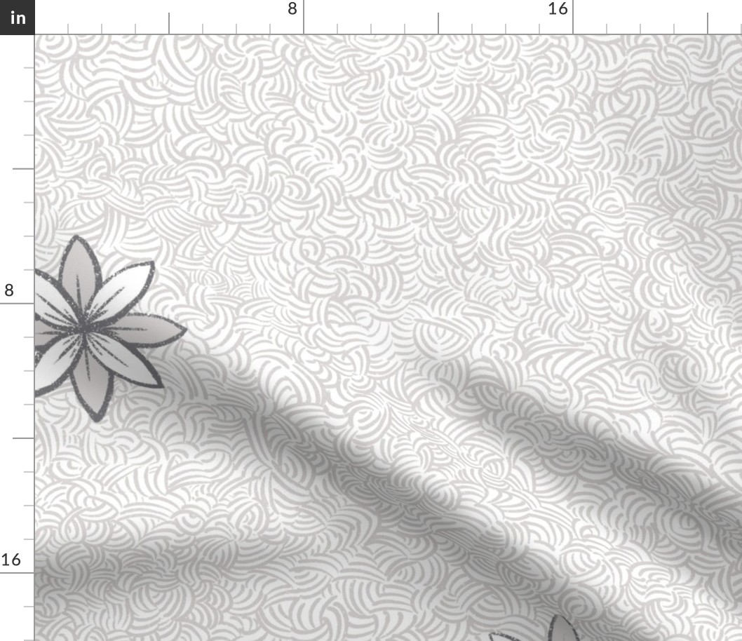 Minimilist Flowers on Curvy Hatched background _ Subtle Light_Black and White Collection
