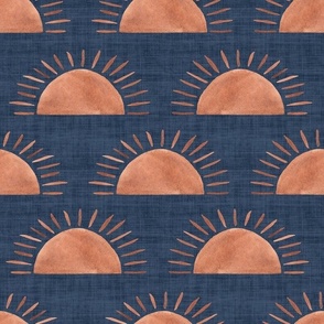 Celestial Boho Suns - Medium -  Denim Blue and Terracotta Linen Texture