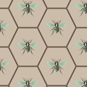 Large scaleblock print hexagon honeycomb bees in vibrant blue green celadon teal with brown and beige.