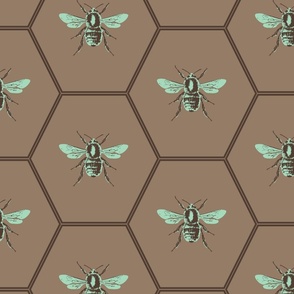 Large scaleblock print hexagon honeycomb bees in vibrant blue green celadon teal with browns.