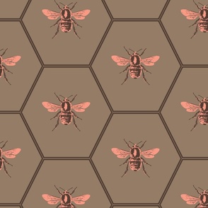 Large scale block print hexagon honeycomb bees in vibrant peach pink with browns.