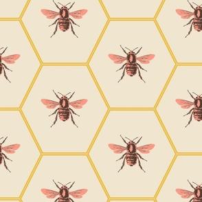 Large scale block print hexagon honeycomb bees in vibrant peach pink on yellow and beige.