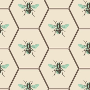 Large scale block print hexagon honeycomb bees in vibrant blue green celadon teal on beige and brown.