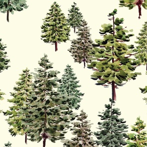 Handpainted Watercolor Pine Trees Forest in Coconut cream white, and Green - Medium Scale