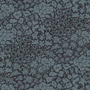 Slate Blue on Black // Cheerful Millefleur // Medium Scale