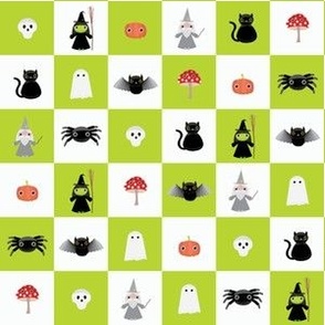 Mini - One inch geometric checkerboard of cute Halloween characters for spooky season - lime green and white