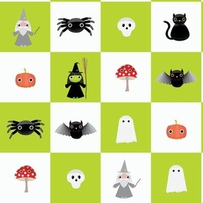 Midi - Two inch geometric checkerboard of cute Halloween characters for spooky season - lime green and white