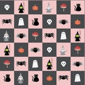 Mini - One inch geometric checkerboard of cute Halloween characters for spooky season - rose blush pink and charcoal gray  