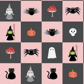 Midi - Two inch geometric checkerboard of cute Halloween characters for spooky season - rose blush pink and charcoal gray  