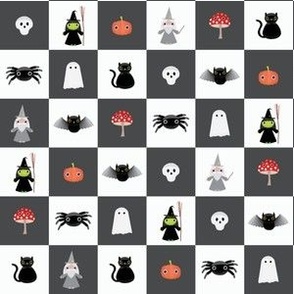 Mini - One inch geometric checkerboard of cute Halloween characters for spooky season - charcoal gray and white  