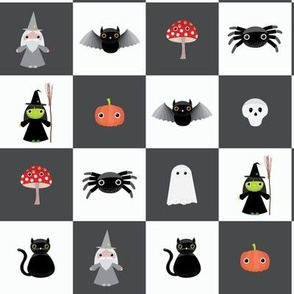 Midi - Two inch geometric checkerboard of cute Halloween characters for spooky season - charcoal gray and white