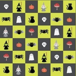 Mini - One inch geometric checkerboard of cute Halloween characters for spooky season - lime green and charcoal gray  