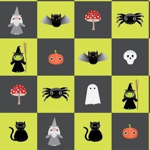 Midi - Two inch geometric checkerboard of cute Halloween characters for spooky season - lime green and charcoal gray