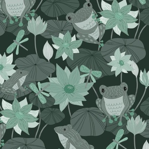 Frogs on Lily Pads with Lotus Flowers Monotone Green Large Scale - © Lucinda Wei