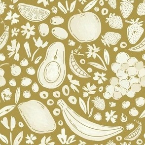 Fruits, Veggies, and Florals on Mustard Yellow - Watercolor