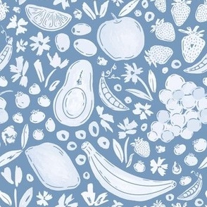 Fruits, Veggies, and Florals on Periwinkle Blue - Watercolor