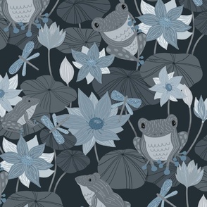 Frogs on Lily Pads with Lotus Flowers Monotone Blue Large Scale - © Lucinda Wei