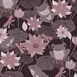 Frogs on Lily Pads with Lotus Flowers Monotone Red Large Scale - © Lucinda Wei