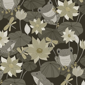 Frogs on Lily Pads with Lotus Flowers Monotone Yellow Large Scale - © Lucinda Wei