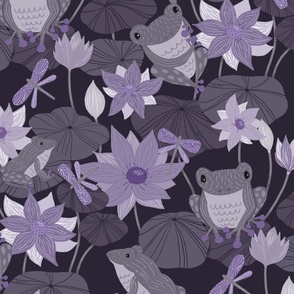 Frogs on Lily Pads with Lotus Flowers Monotone Purple Large Scale - © Lucinda Wei