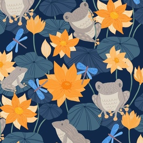 Frogs on Lily Pads with Lotus Flowers in Indigo Blue Large Scale - © Lucinda Wei