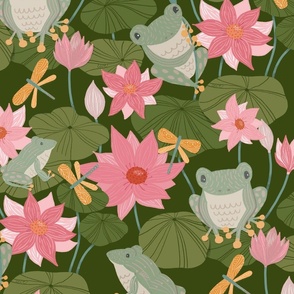 Frogs on Lily Pads with Lotus Flowers in Olive Green Large Scale - © Lucinda Wei
