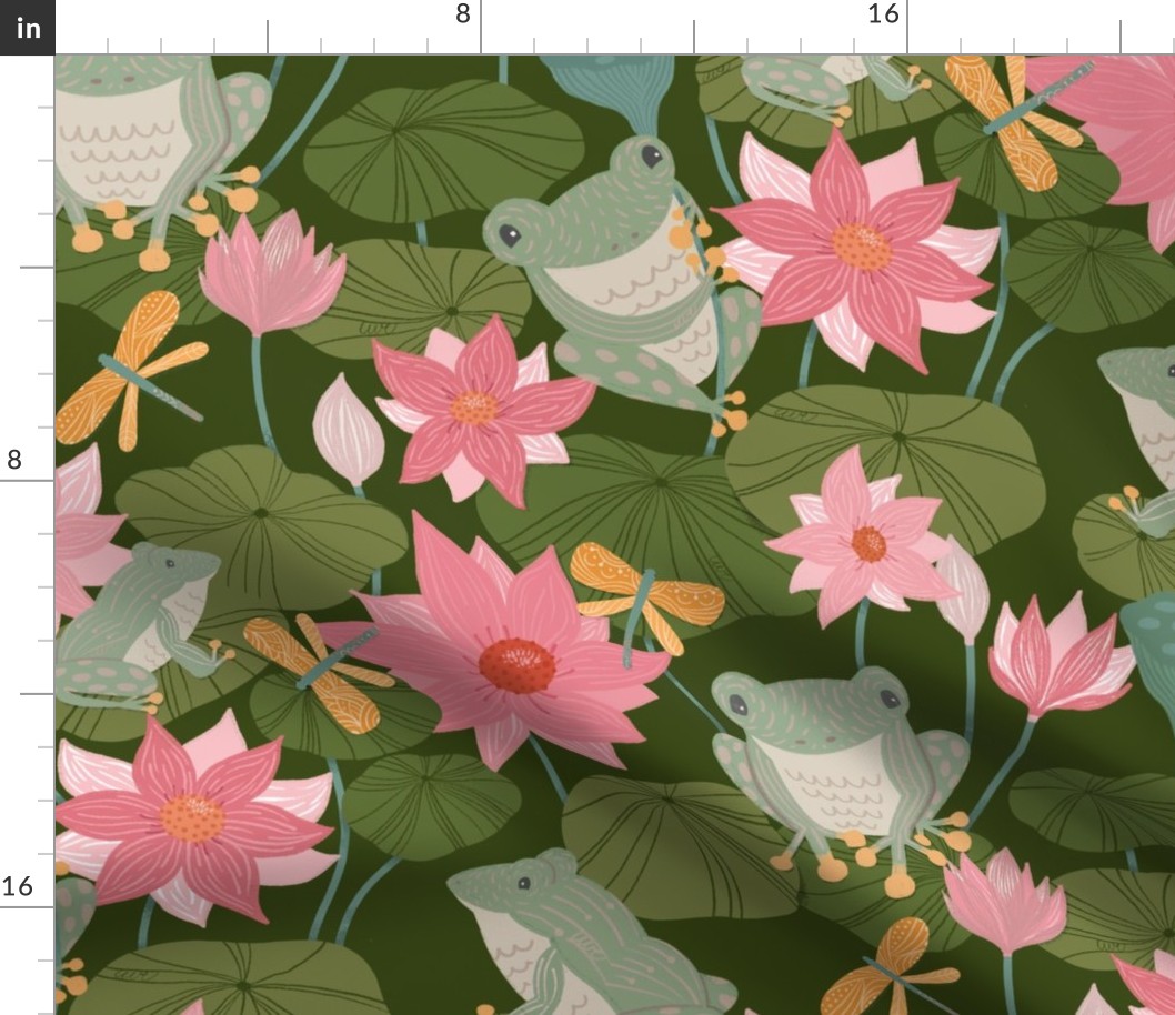 Frogs on Lily Pads with Lotus Flowers in Olive Green Large Scale - © Lucinda Wei