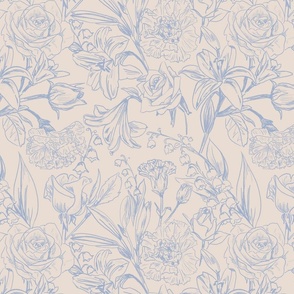 Carnation Lily Lily Rose outline cream background light blue