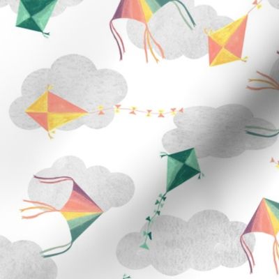 Kites in the cloudy sky nursery pattern - white