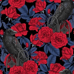 Ravens and roses with dark blue leaves