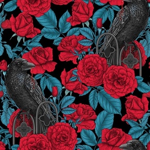 Ravens and red roses and blue leaves