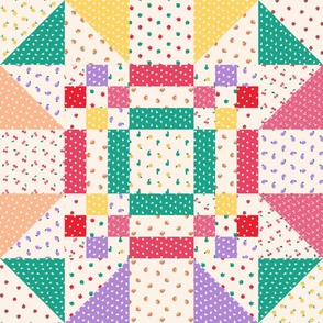   SUMMER FRUIT CHEATER QUILT - Whole Cloth Quilt - Triangles - Cream, Red, Pink, Green, Peach