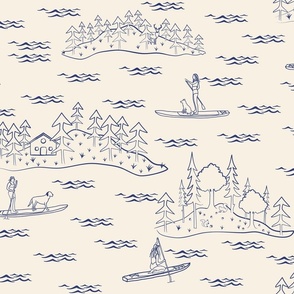 Lake Life Toile Women on SUP with Dog Mountain Lake Scene in Off White Blue