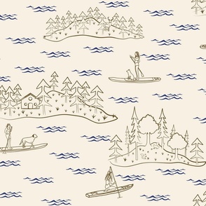 Lake Life Toile Women on SUP with Dog Mountain Lake Scene brown and blue