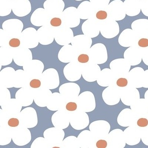 Scandinavian boho floral design - retro style seventies jumbo blossom white blue