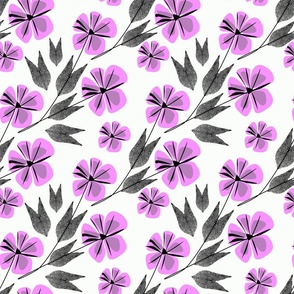 Retro floral pattern. Bright pink flowers and black lace leaves on a white background.