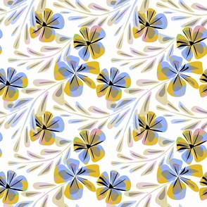 Retro floral pattern. Blue, mustard flowers and black lace leaves on a white background.