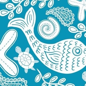 Hand Drawn Beach Finds with Paisley white on teal