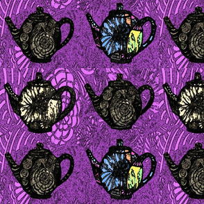 black teapots on purple 