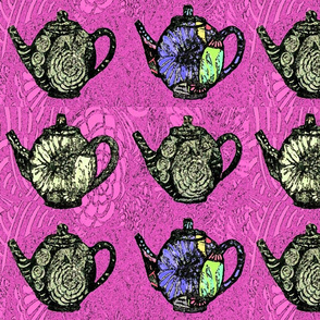 Black teapots on pink