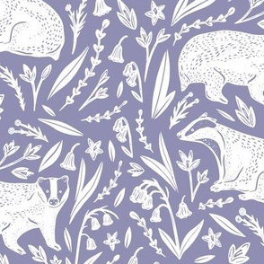 Badgers and bluebells on lilac