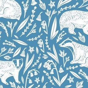 Badgers and bluebells on blue