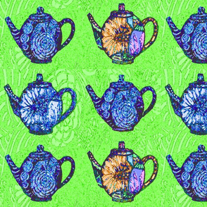 blue teapots on green