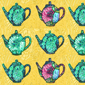 green teapots on yellow