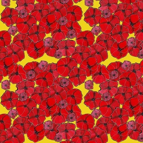 red poppy multi blossoms yellow background
