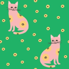 Happy Pink Kitty Cat on Emerald Floral Background